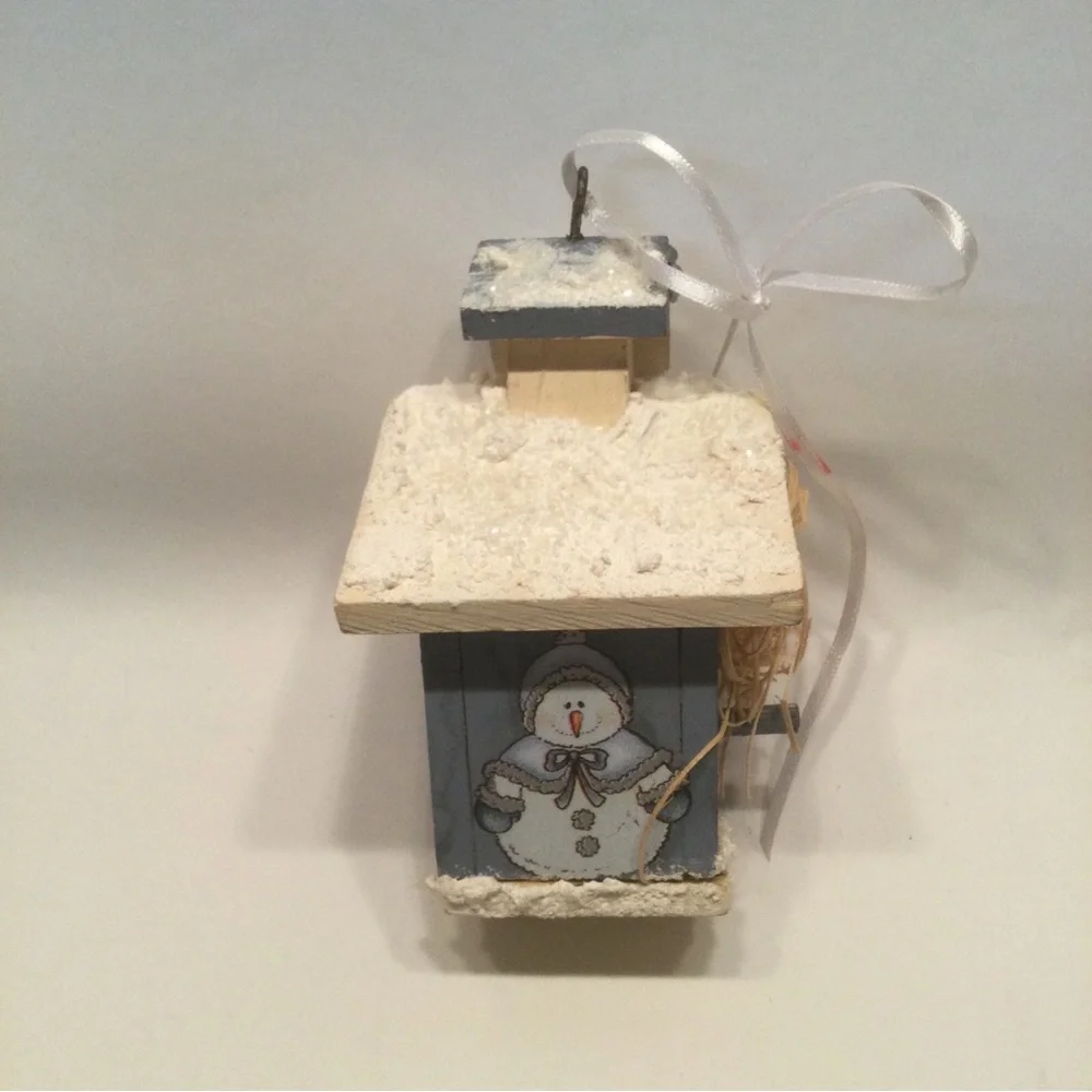 Wooden Bird House Ornament Christmas Snow Topped Snow Man Blue 5” Hand Crafted